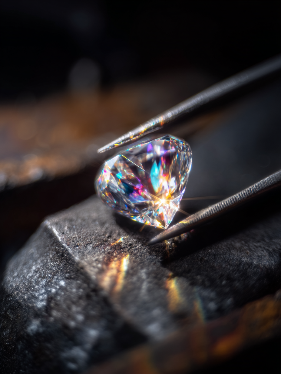 Gemstone held in jeweler's tweezers, refracting prismatic light